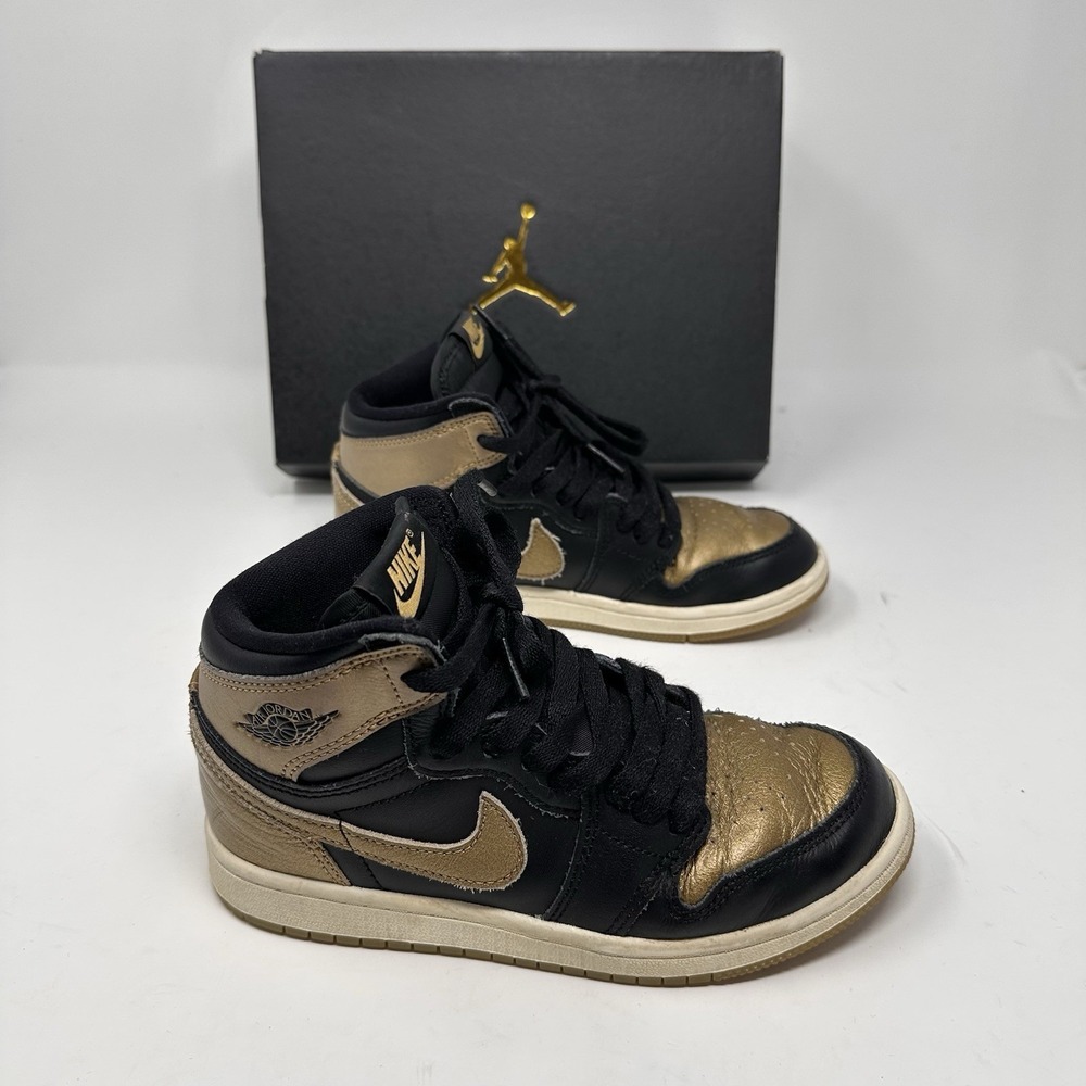 Jordan 1 Mid SE PS Black Gold Leather Youth Sneakers Size 1.5Y DR6968-071